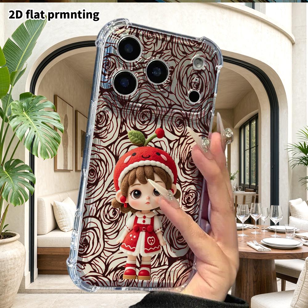 Phone case: 2D flat design, suitable for iPhone 18 17 16 15 14 13 Pro, transparent corner protection case, cherry girl, Christmas and Halloween gift