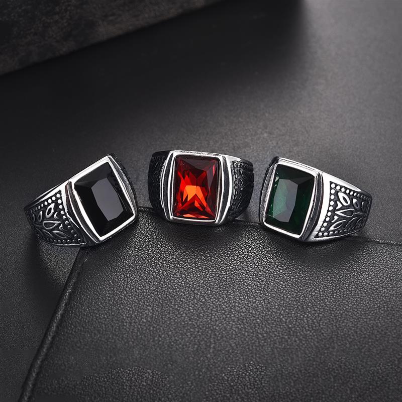 Vintage Men's Ring Red Black Green Square Zircon Finger Ring Punk Men's Jewelry Party Gift