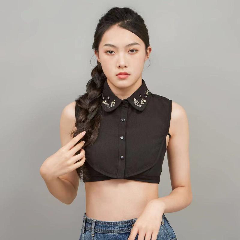 Женский шифоновый воротник ручной работы с цветными бусинами, модный и универсальный декоративный воротник в стиле полурубашки