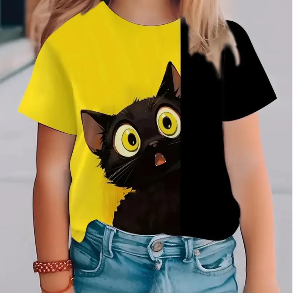 Детская одежда для девочек с принтом милого кота, футболки, летняя мода, повседневная, с круглым вырезом, с короткими рукавами, уличная футболка для девочек