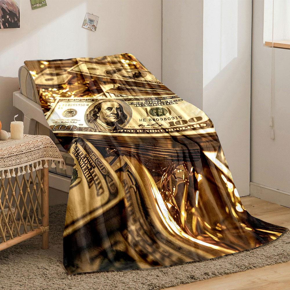Stacks of $100 bills on reflective golden surfaces. for all seasons blanket lunch break throw gift