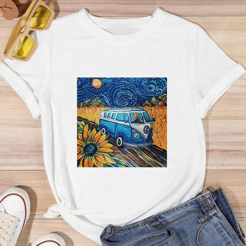 ZX TEE Футболки для девочек с принтом Ван Гога, уличная мода, Харадзюку, белая одежда, с коротким рукавом, летние футболки, повседневные женские топы с круглым вырезом