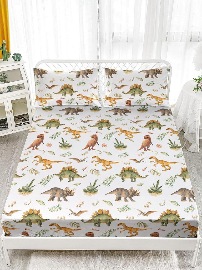 Многоцветный мультяшный узор с динозаврами, шапка на кровать из трех частей, цифровая печать, милый узор, постельный комплект