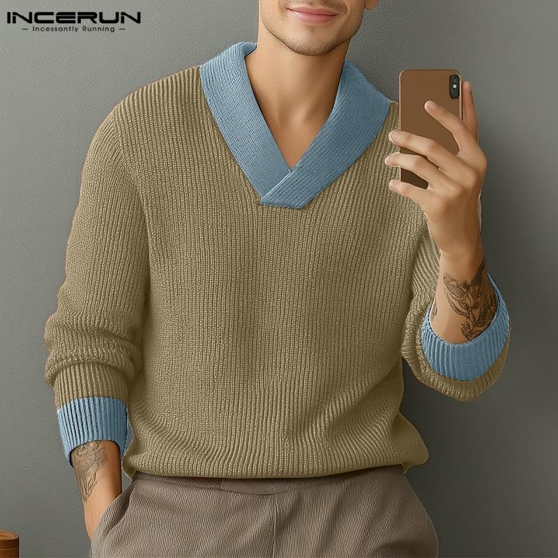 INCERUN Spring Autumn Men Long Sleeve Stitching Casual Loose Knitted Pullovers Tops