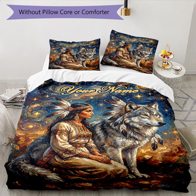 3pcs Custom Name Wolf Native American Spirit Bedding Set Printed Bedding Set Duvet Cover Closure Includes 1 Duvet Cover & 2 Pillowcases Bedroom Decor