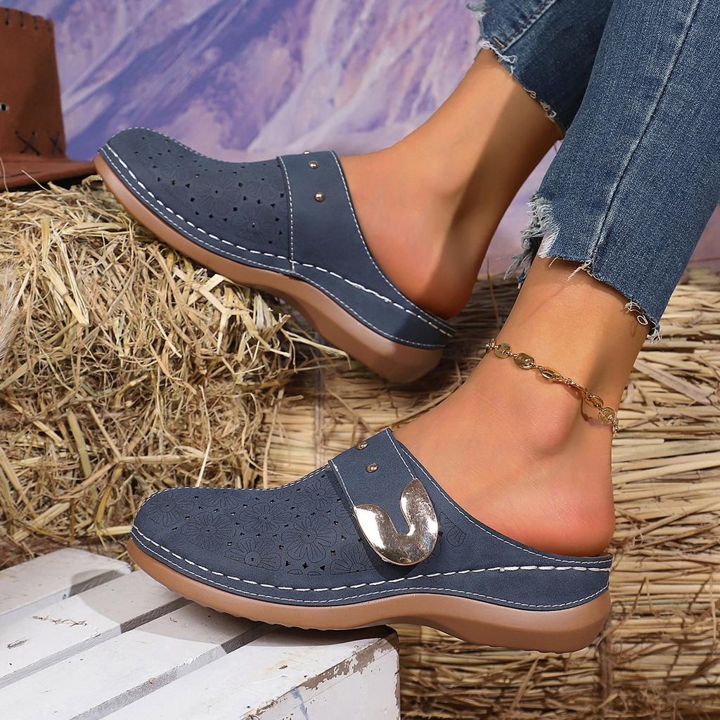 Foreign Trade Large Size 45 Bag Head Flat Bottom Casual Half Slippers Women's 2025 New Solid Color Wedge Metal Buckle Beach Slippers