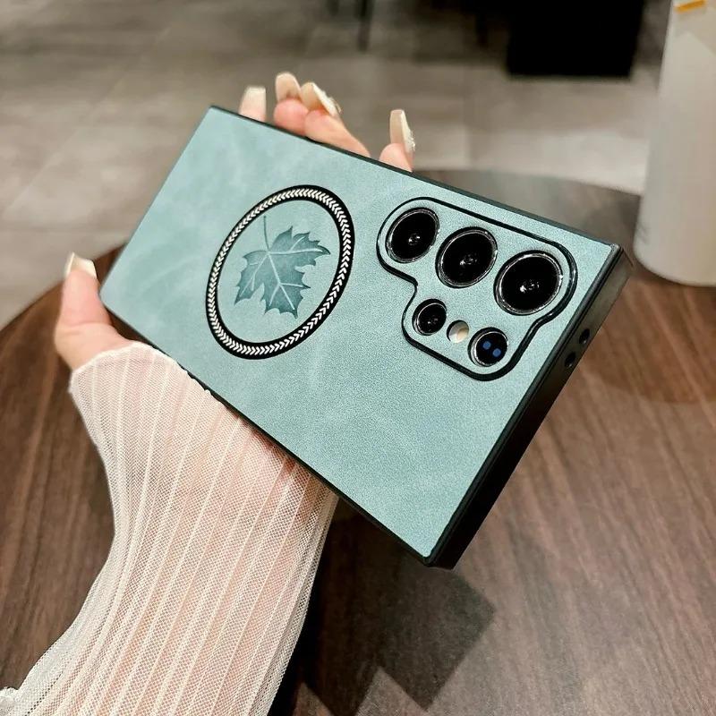 For Samsung S24 FE S23 Ultra Maple Leaf Magnet MagSafe Case For Galaxy S22 S21 Plus Soft TPU Lens Protection Shockproof Cover