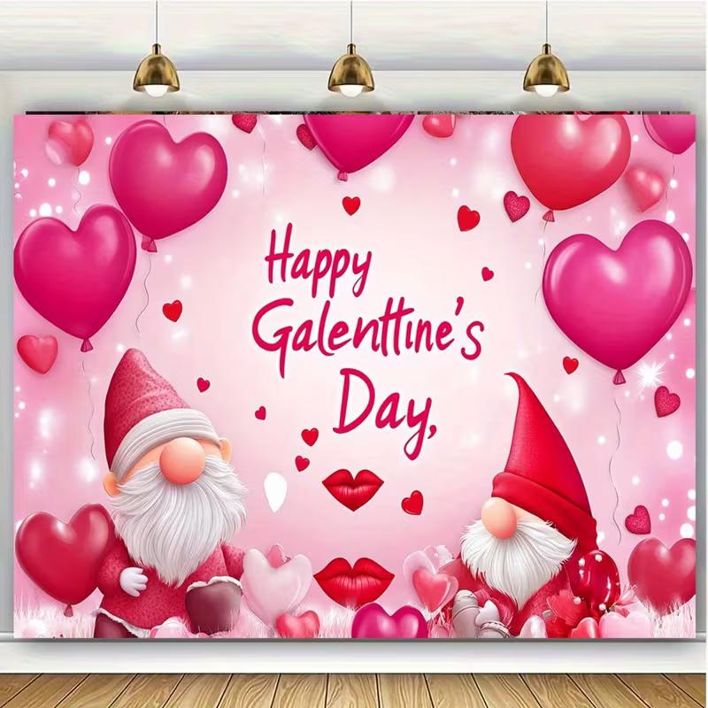 2D Girlfriend Party Photography Backdrop "Happy Galentine's Day" with Cute Gnomes and Heart Balloons