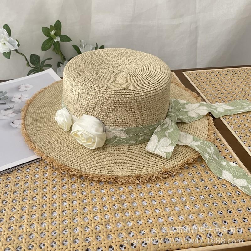 French Flat Top Flower Lace Strap Straw Hat Women's Summer Seaside Hepburn Wind Sunscreen Visor Big Brim Hat