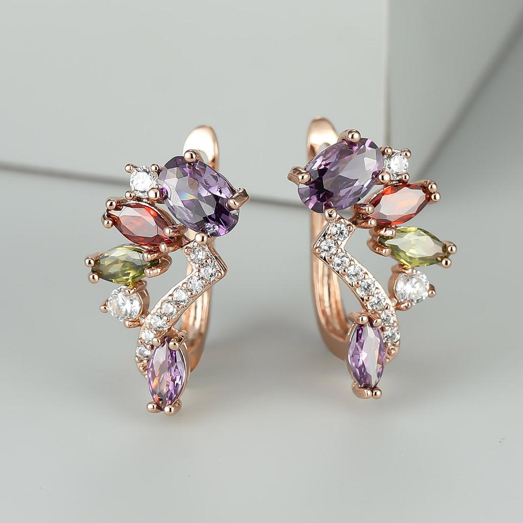 1 Pair Rose Gold Color Multicolor Birthstone Dangle Earrings Marquise Cut Red Purple Olive Green Stone Ear Drop Flower Leaf Earrings Delicate Jewelry