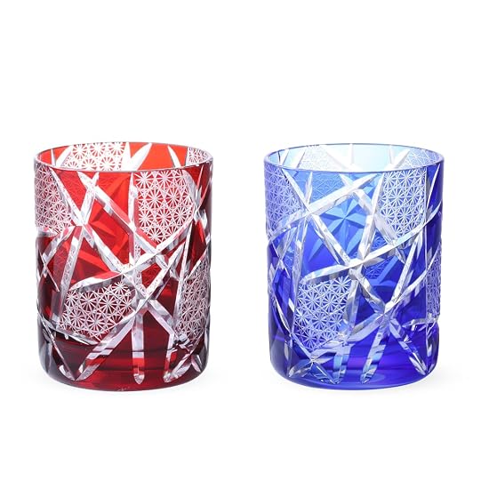 Takumibifu Dinner Luxe Kiriko Pair Glass Cup Rock Glass 70xH90mm 210cc Ranbori Komon Red & Blue Kog