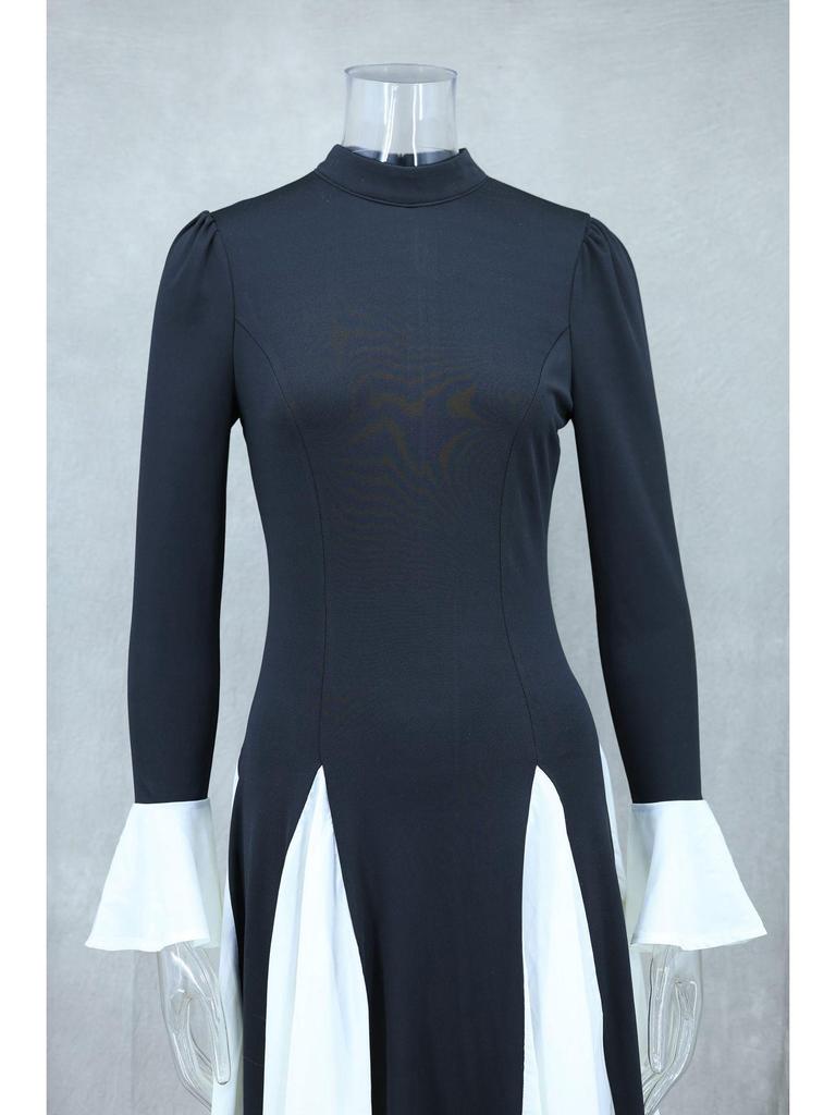 Осень/Зима 2024 Евро-американское черно-белое платье-свинг с длинным рукавом и оборками LX0105