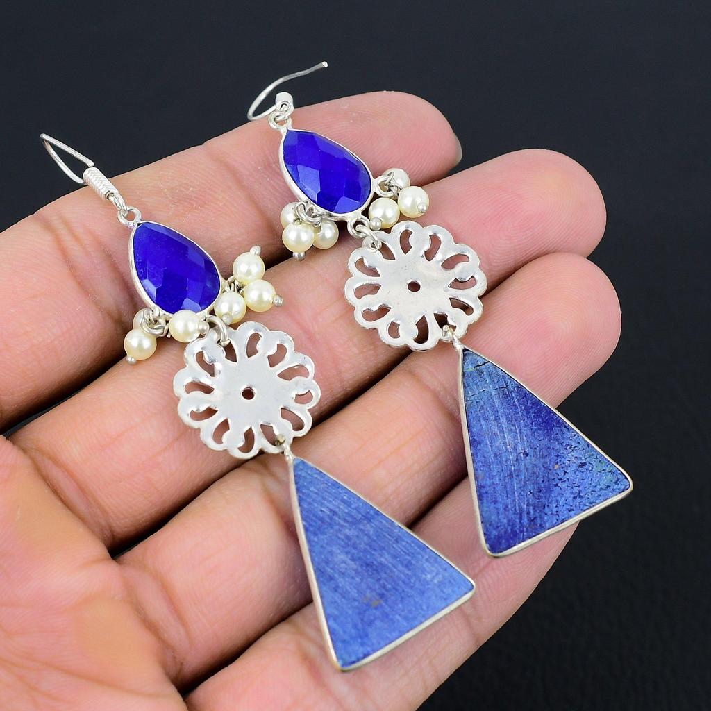 Sisters Day Deal Blue Sapphire Stone Sterling Silver Dangle Birthday Earrings