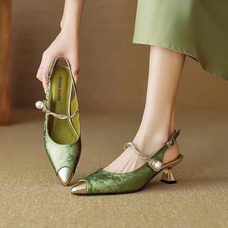 Женские летние сексуальные заостренные модные дизайнерские женские босоножки с жемчужной пряжкой, элегантные вечерние женские туфли на каблуках Zapatillas Mujer