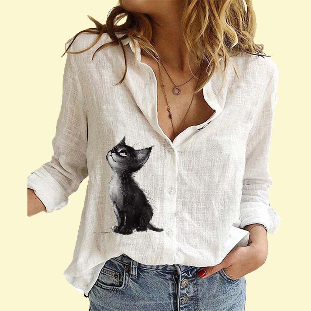Женская модная рубашка на пуговицах, повседневная, тонкая, с длинным рукавом, женская хлопковая льняная блузка с принтом кота