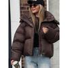 Women Autumn Hooded Short Cotton Coat Casual Brown Stand Collar Full Sleeve Loose Jacket Chic Lady Winter Office Commute Outwear