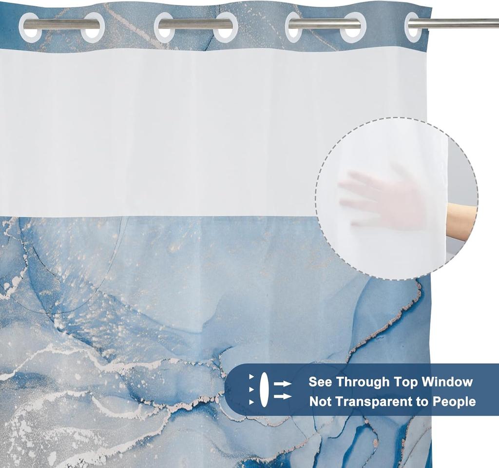 No Hooks Needed Blue Marble Shower Curtain Set with Snap-in Liner, Modern Abstract Shower Curtains for Luxury Hotel Grade Spa-Like Bathroom Decor