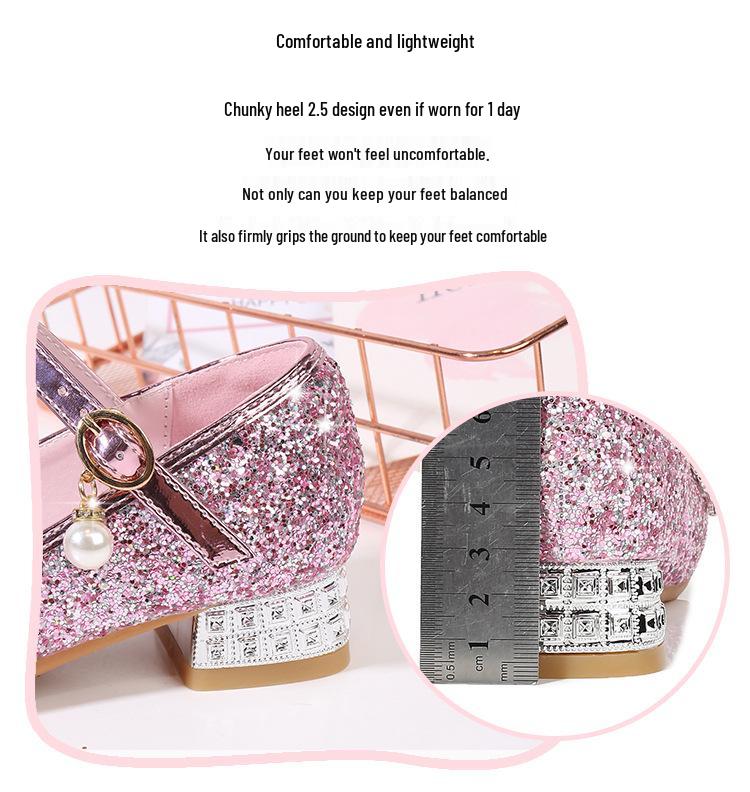 Princess Girls' Sequined High Heels - Soft, Non-Slip Leather Shoes for Spring and Autumn