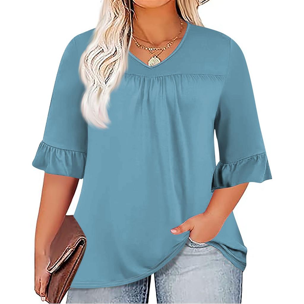 Женская модная повседневная однотонная футболка с v-образным вырезом и принтом, плиссированная футболка с рукавами семь минут, топы больших размеров
