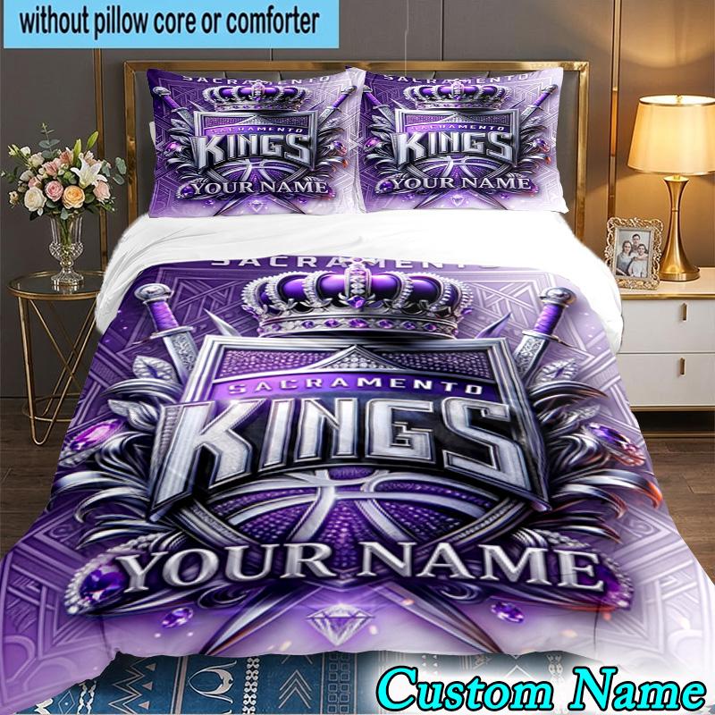 Постельное белье с логотипом команды Kings Basketball и индивидуальным именем, 3 предмета, включая пододеяльник и 2 наволочки. Идеально для спальни, общежития, подарок фанату на Рождество