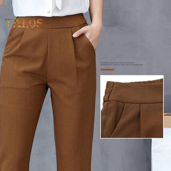 Women Pants Elastic High Waist Solid Color Slim Fit Trousers with Pockets Casual Commuting Style Office Lady Pants