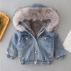 Girls' Denim Jacket With Plush And Thickened Children's Hooded Collar Warm Jacket
