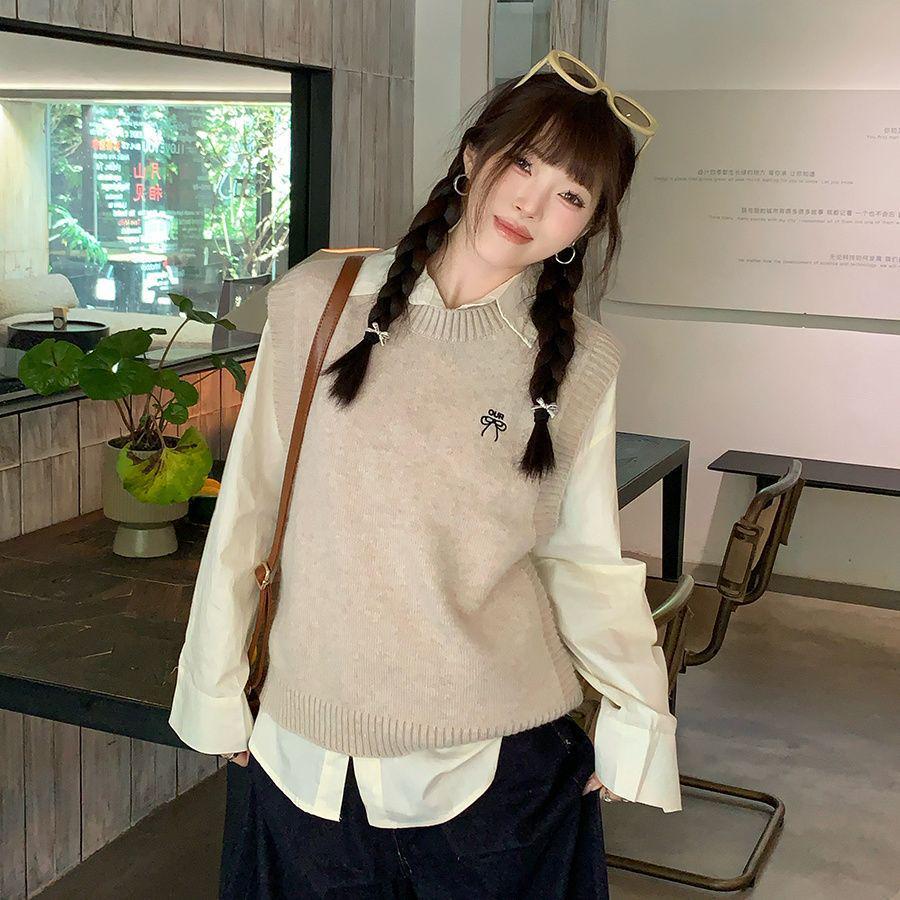 Женский вязаный жилет-свитер - Весна/Осень 2024 Маленький Без рукавов Многослойный топ