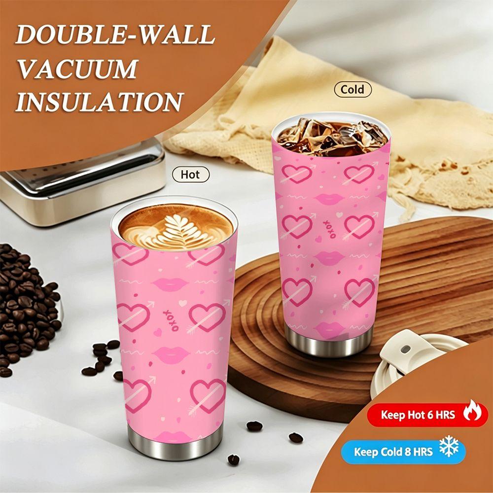 Pink Valentine Lips and Hearts Print Stainless Steel Insulated Coffee Tumbler Reusable Vacuum Thermal Travel Mug Leakproof Cup for Daily Gift