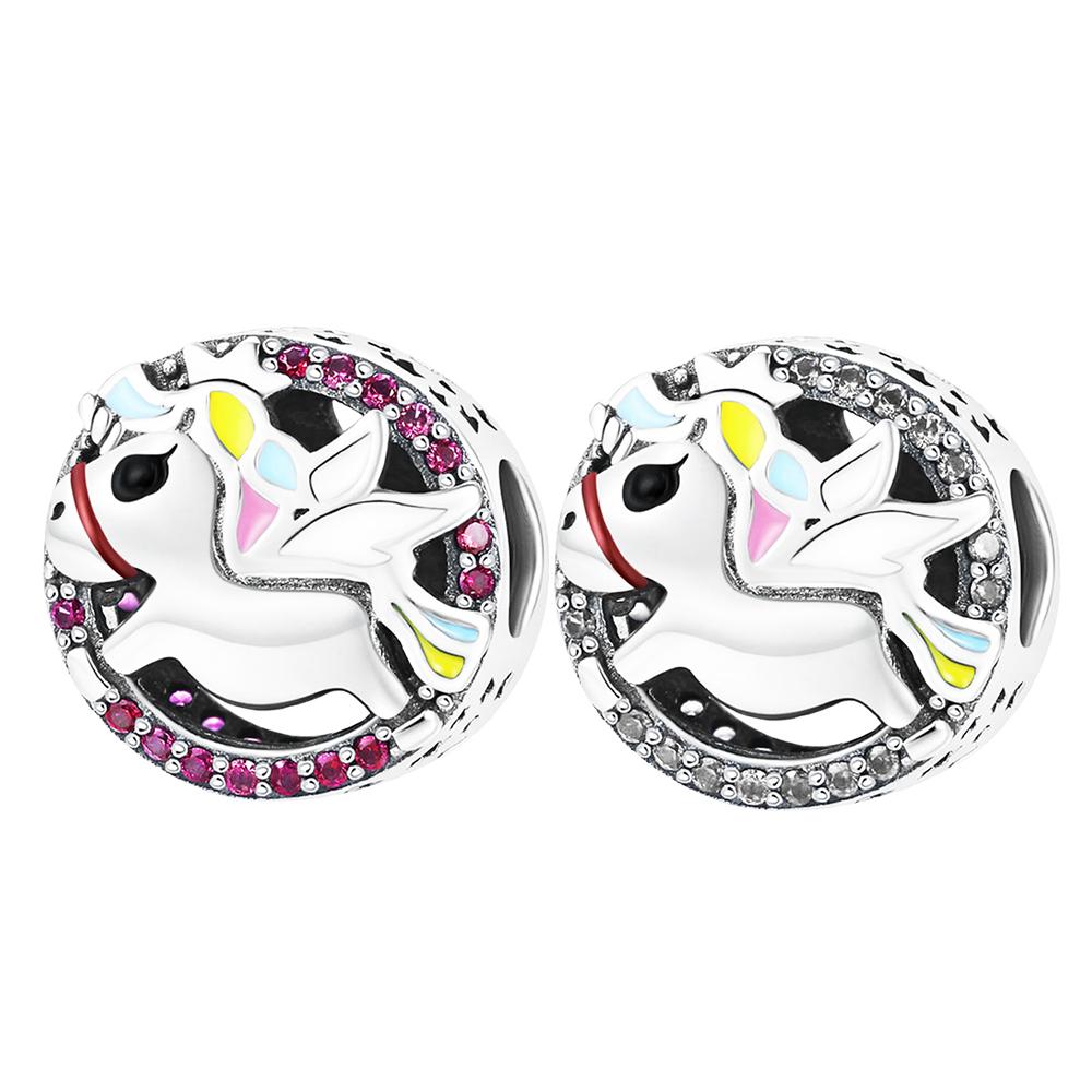 S925 Стерлингового Серебра Красочные Бусины Единорога Шарм Мотаться Подходит Браслет Ожерелье Изготовление для Женщин Подарки С Тканевой Сумкой