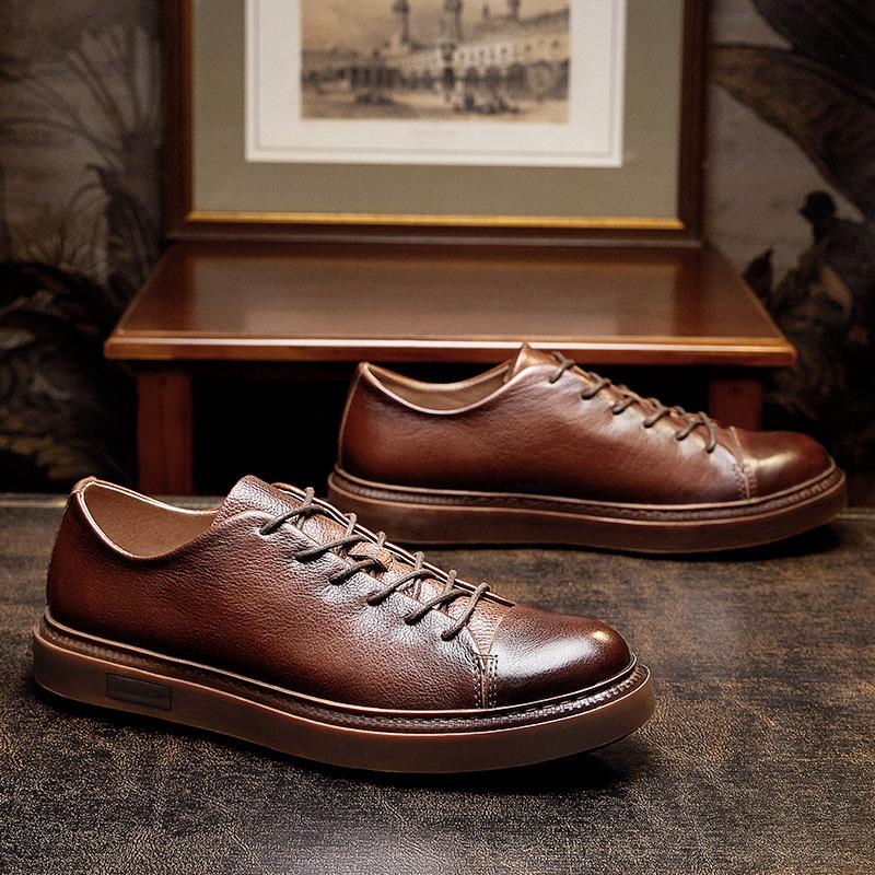 Круглая головка ретро первый слой коровьей кожи повседневные туфли на шнуровке мужские британские мягкие подошвы деловые мужские кожаные туфли натуральная кожа ручная работа