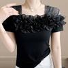 Классическая летняя женская футболка с сеткой, оборками, цветочной отделкой, квадратным вырезом и короткими рукавами. Элегантная бутиковая женская повседневная футболка.