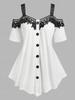 Rosegal Plus Size Cold Shoulder Floral Crochet Panel Full Buttons Short Sleeve T-shirt