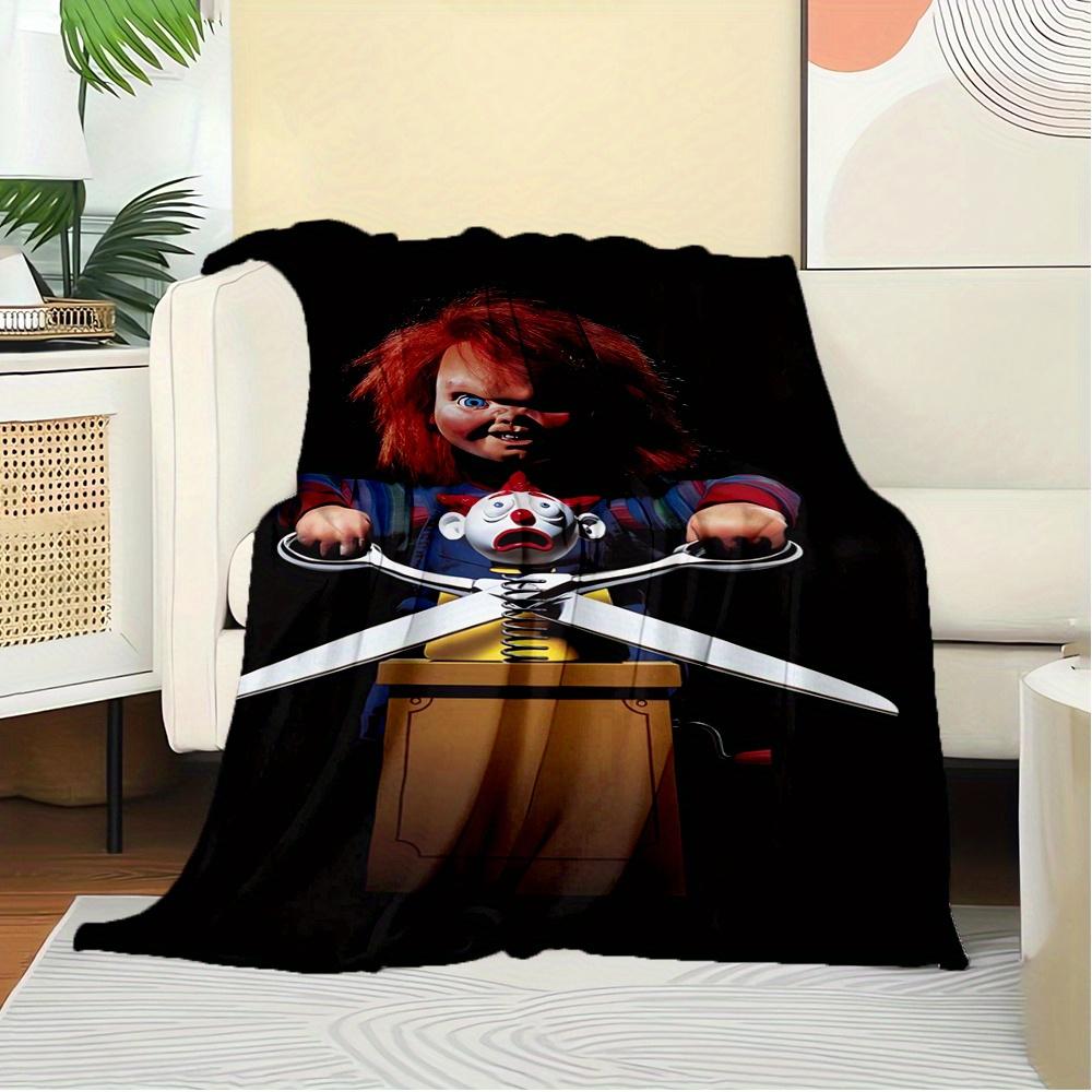 For Chucky,Horror Doll,Scissors-Themed Flannel Blanket, Glam Style, Digital Print, All-Season Comfort, Tear-Resistant, Knitted Craftsmanship