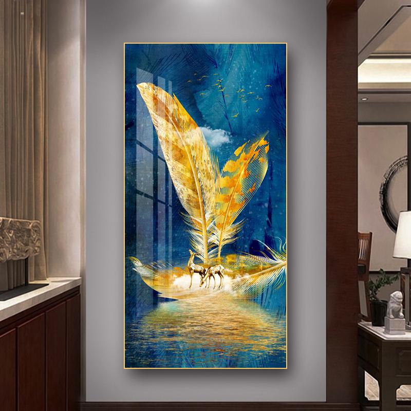 Abstract Feather Golden Yellow Deer Posters Prints Golden Feathers Canvas Painting Tree Wall Art for Living Room Home Decor
