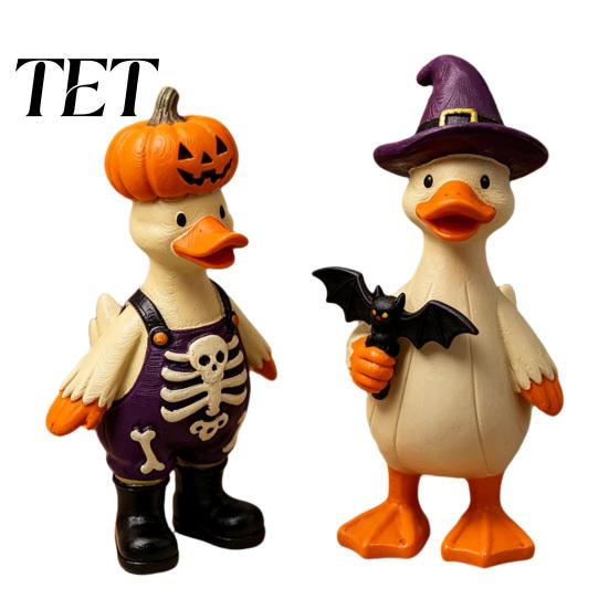 Unique Halloween Party Supplies 2Pcs Duck Figurine with Pumpkin/Witch Hat Design, Resin Statue Cute Desk Accessories Ornament, Funny Animal Sculpture