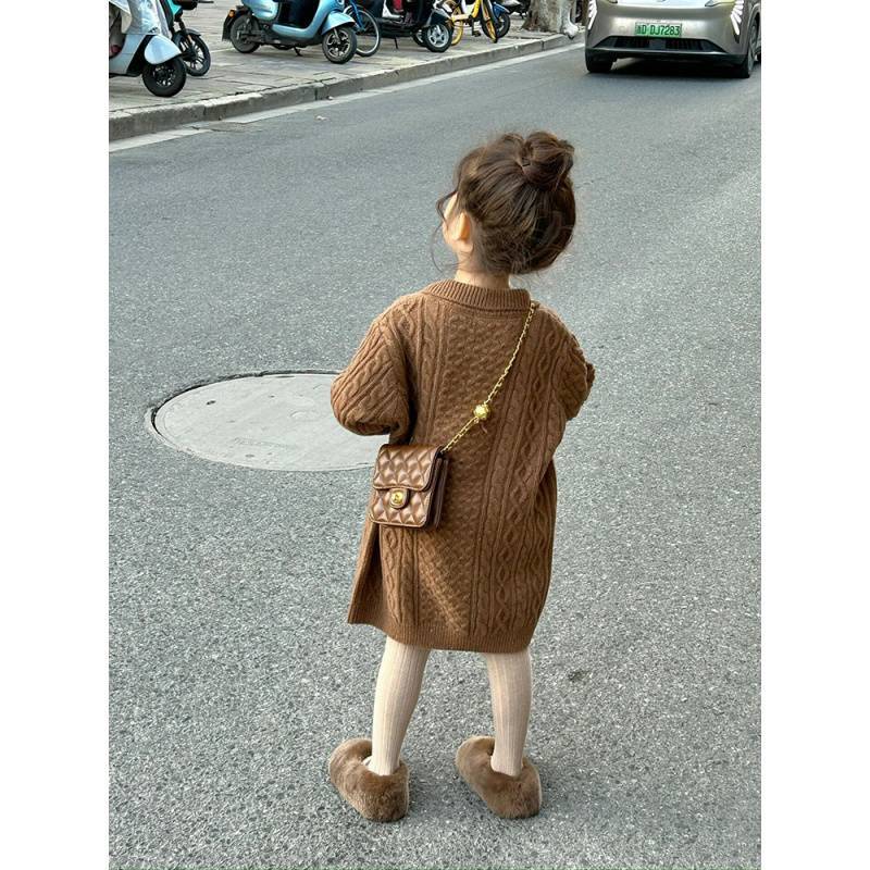 Универсальное шерстяное платье в иностранном стиле для девочек на осень и зиму, новое длинное платье-свитер кофейного цвета для маленьких девочек в иностранном стиле