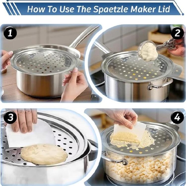 Manual Stainless Steel Spaetzle Maker Lid with Scrapers, Round Press Lid and Side Handle for Homemades German Noodles Preps, Spaghetti Strainer