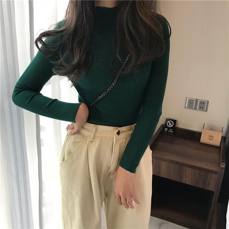 Women Spring Autumn Winter Half Turtleneck Pullovers Sweaters Jumper Primer Shirt Long Sleeve Short Slim-fit Tight Chic Solid One Size