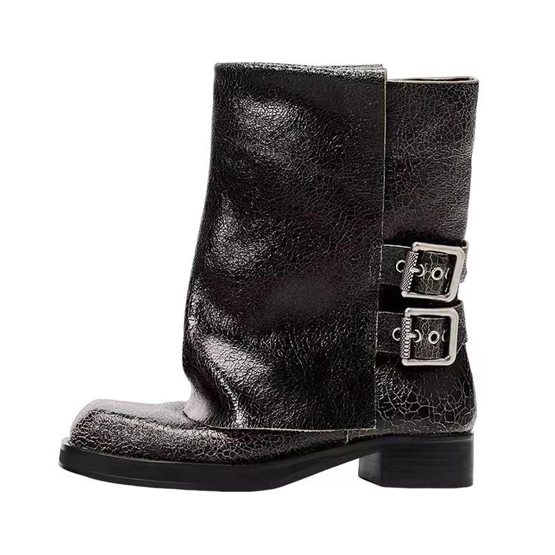 Дизайнерские брюки с пряжкой на ремне, сапоги для женщин, новые короткие сапоги с квадратным носком, женские сапоги в стиле панк на толстом каблуке