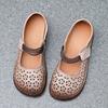 Johnature Women's Flat Shoes Retro Round Toe Genuine Leather Hollow-out Breathable Soft Soled Sandals