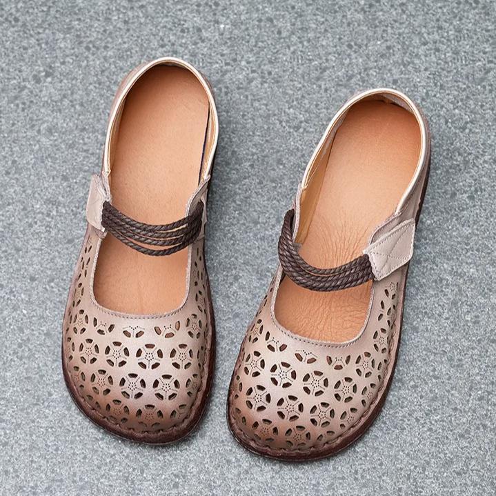 Johnature Women's Flat Shoes Retro Round Toe Genuine Leather Hollow-out Breathable Soft Soled Sandals