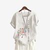 Women Fashion Short Sleeve T-shirt Summer&fall Casual Round Neck Floral Print Top Pullover Loose Cotton Linen Blouses
