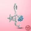 925 Silver Dolphin Love Charm Blue CZ Zircon Beads Pendant Fit Brand Bracelet Necklace Original 925 Silver Jewelry