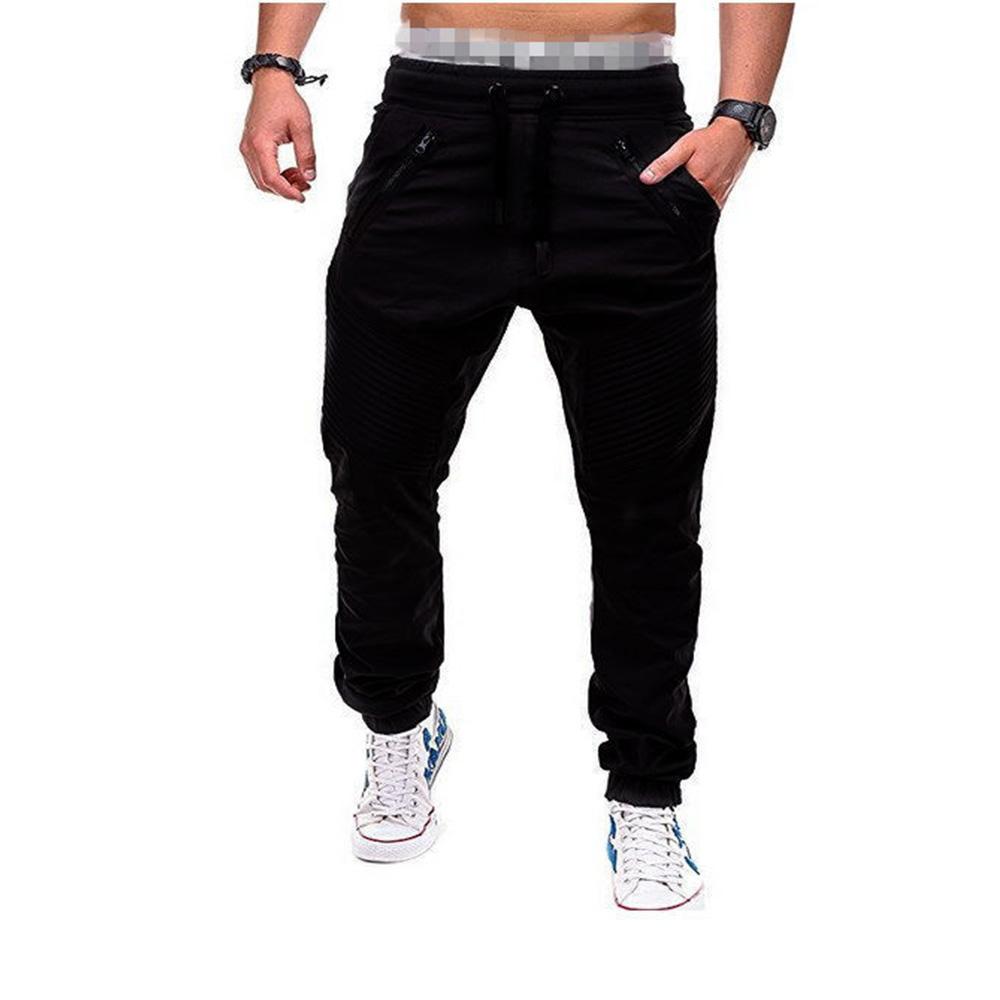 Male Casual Fashion Pants Pocket Zip Design Solid Color Retro Style Soft Jogger Drawstring Elastic Waist Trousers