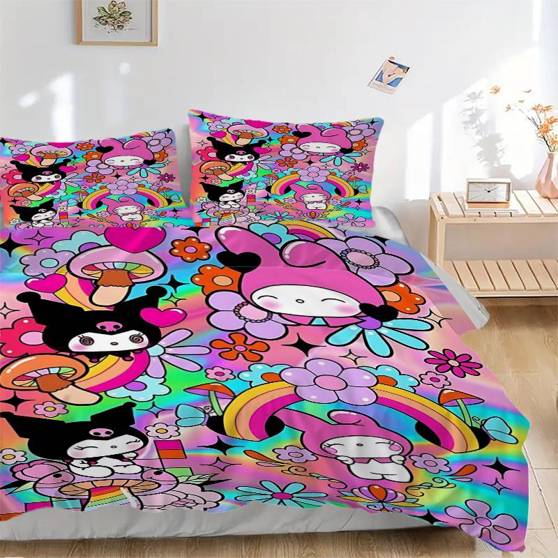 3pcs My Melody Kuromi and Friends Print Bedding Set (1 Cover + 2 Pillowcases, Without Inserts), This Printed Bedding Set is Soft and Comfort