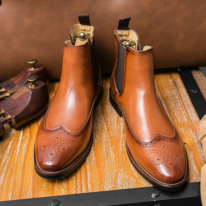 Винтажный стиль Мужские ботинки челси Удобные модные кожаные мужские ботильоны Универсальные деловые туфли-броги Повседневные ботинки без застежек