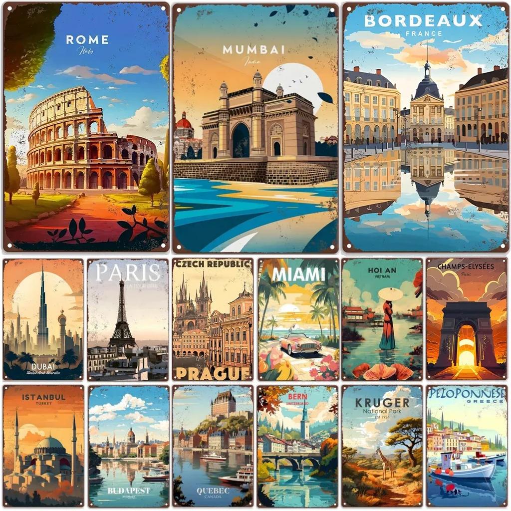 HD Tin Sign Vintage World Travel City Wall Decor Retro Rome Paris Dubai Miami Travel Poster Art Metal Tin Sign for Travel Love