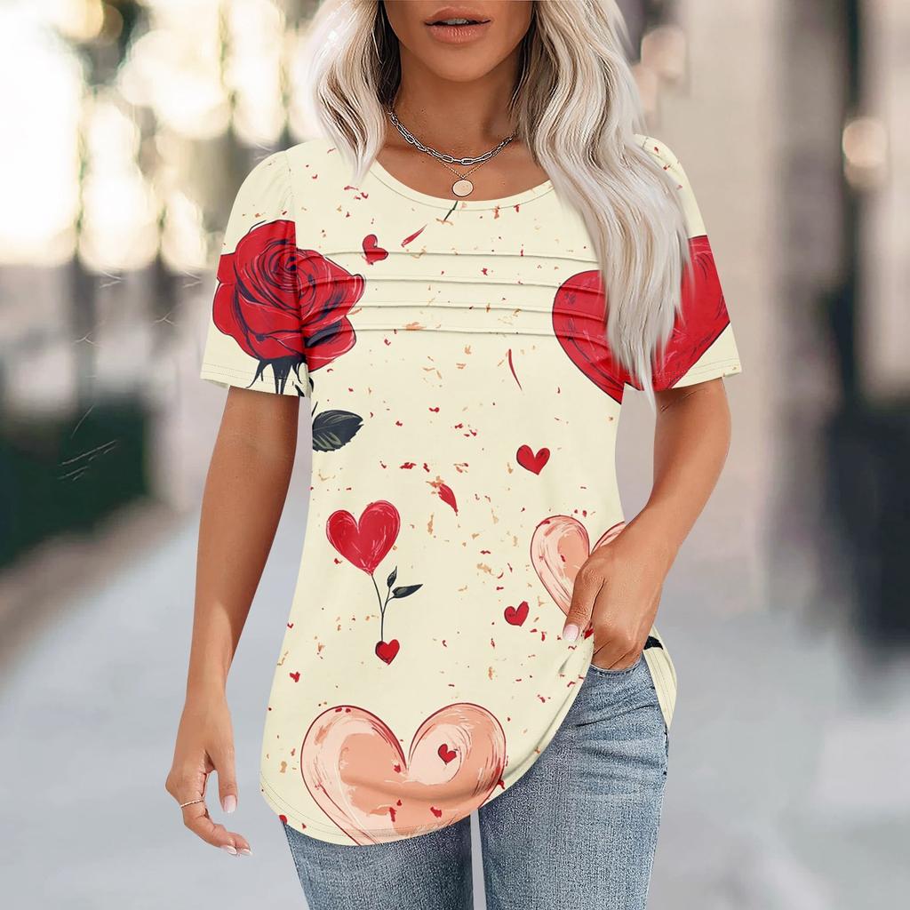Женский топ с короткими рукавами и круглым вырезом, с принтом в виде сердечек ко Дню святого Валентина, плиссированный