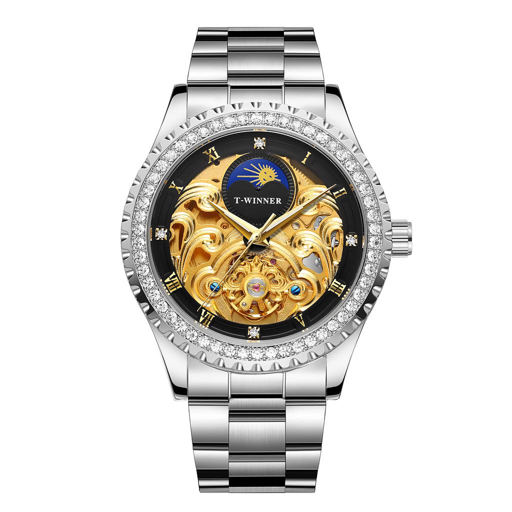Luxury Men's Gold Case Mechanical Watch with Moon Phase Stainless Steel Strap Waterproof Automatic Wristwatch for Male Fashion