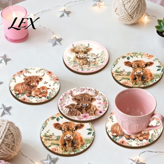 Heat Resistant Cork Cup Mats Highland Cow Coasters, Cute Floral Farmhouse Drink with Animal Theme Kitchen Decor Non-Slip Base, Table Protector